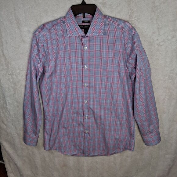 PRONTO Uomo Dress Shirt Mens 16 32 33 Slim Fit Non-Iron Plaid Cotton Blue Pink - Picture 1 of 6